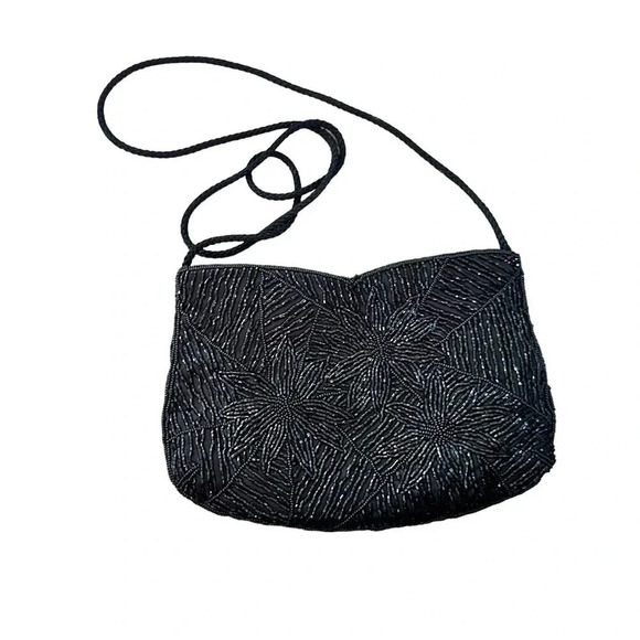 Women's Black Floral Beaded Inner Pocket Fully Lined Purse Handbag - Picture 1 of 5